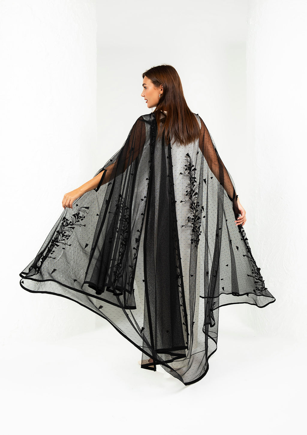 Black dot tulle bridal abaya back view — 3D floral handwork Al Anood UAE
