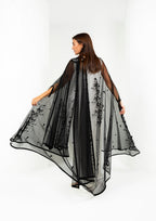 Black dot tulle bridal abaya back view — 3D floral handwork Al Anood UAE