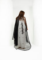 Black wedding abaya back close-up — 3D laser-cut botanical detail Al Anood