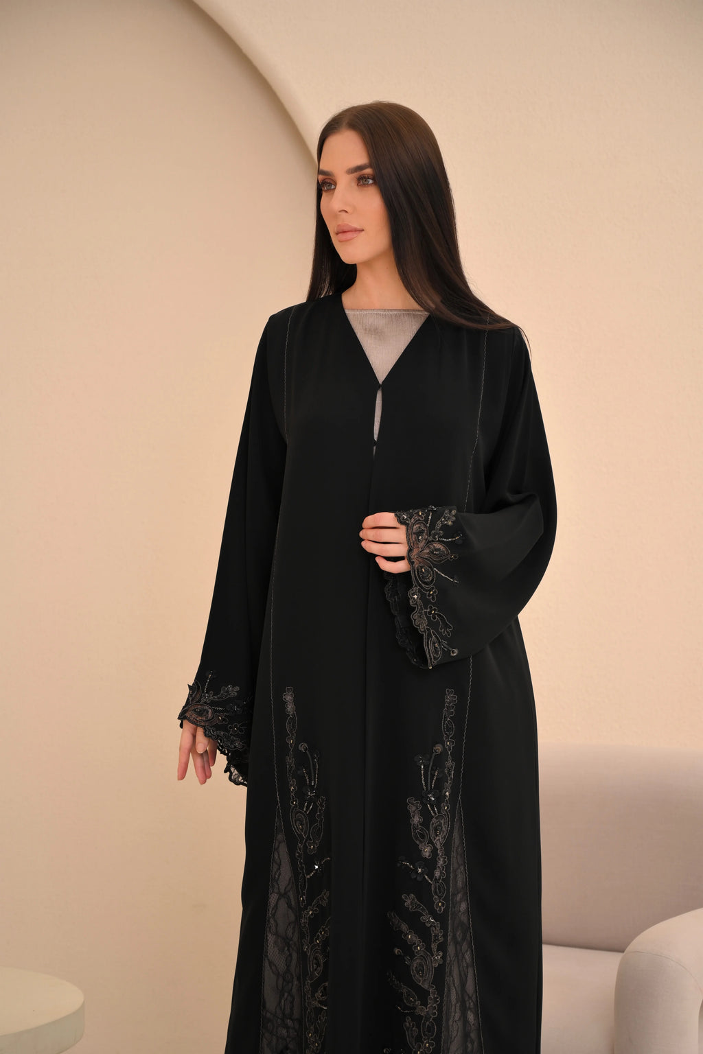 Aari embroidery detail black Nida abaya — Al Anood luxury collection