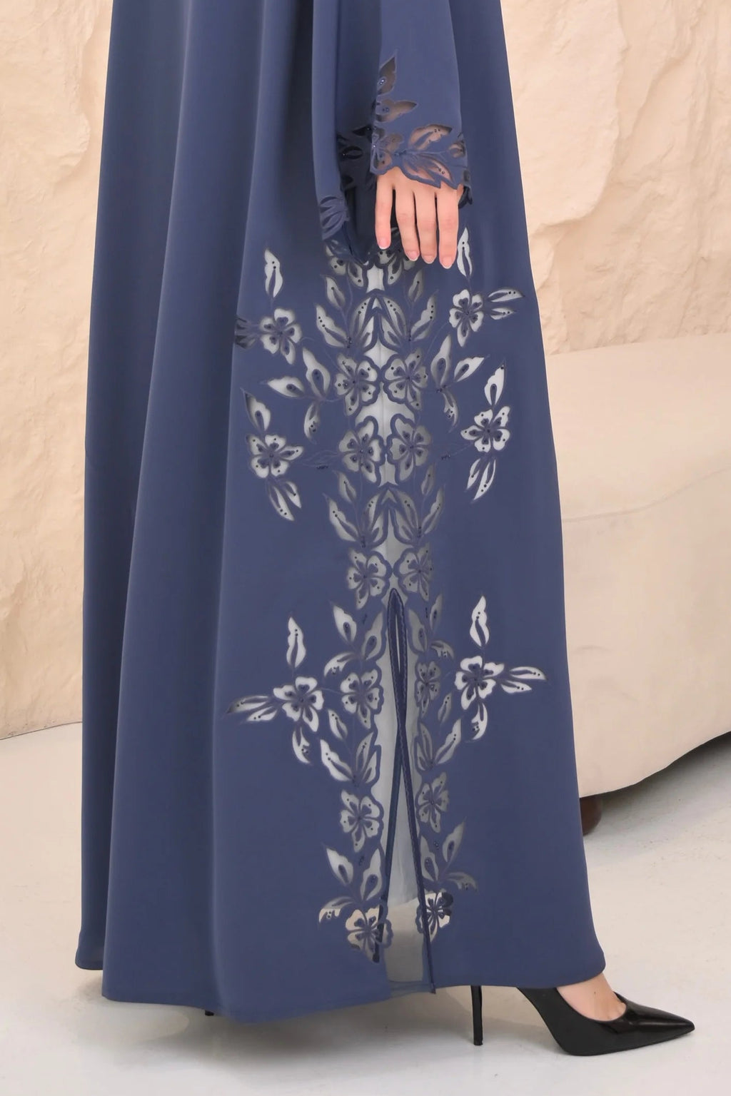 Aari handwork and crystal on blue abaya sleeves — Al Anood UAE