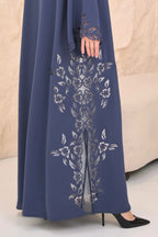 Aari handwork and crystal on blue abaya sleeves — Al Anood UAE