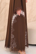 Aari handwork and crystal on brown abaya cuffs — Al Anood UAE