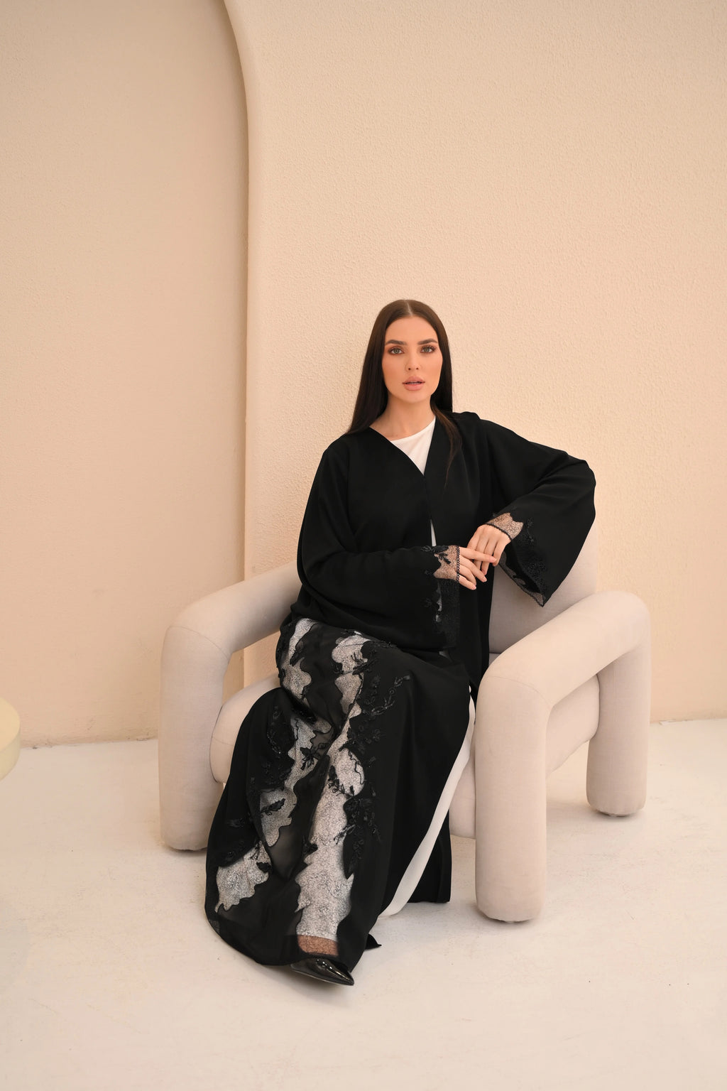 Black Nida abaya with embroidered sheer side panels — Al Anood UAE