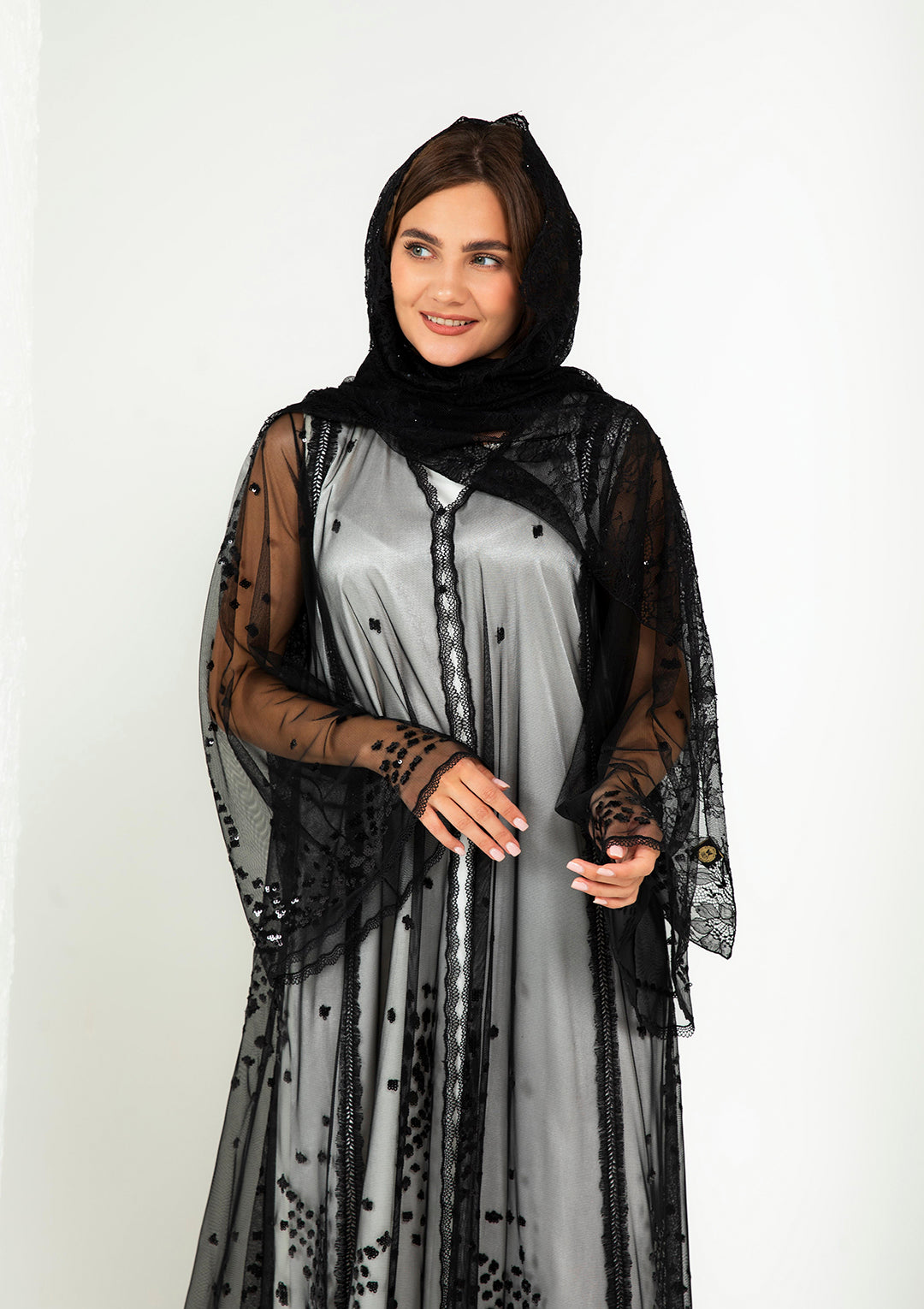 Sequin embroidery close-up black tulle wedding abaya — Al Anood luxury collection