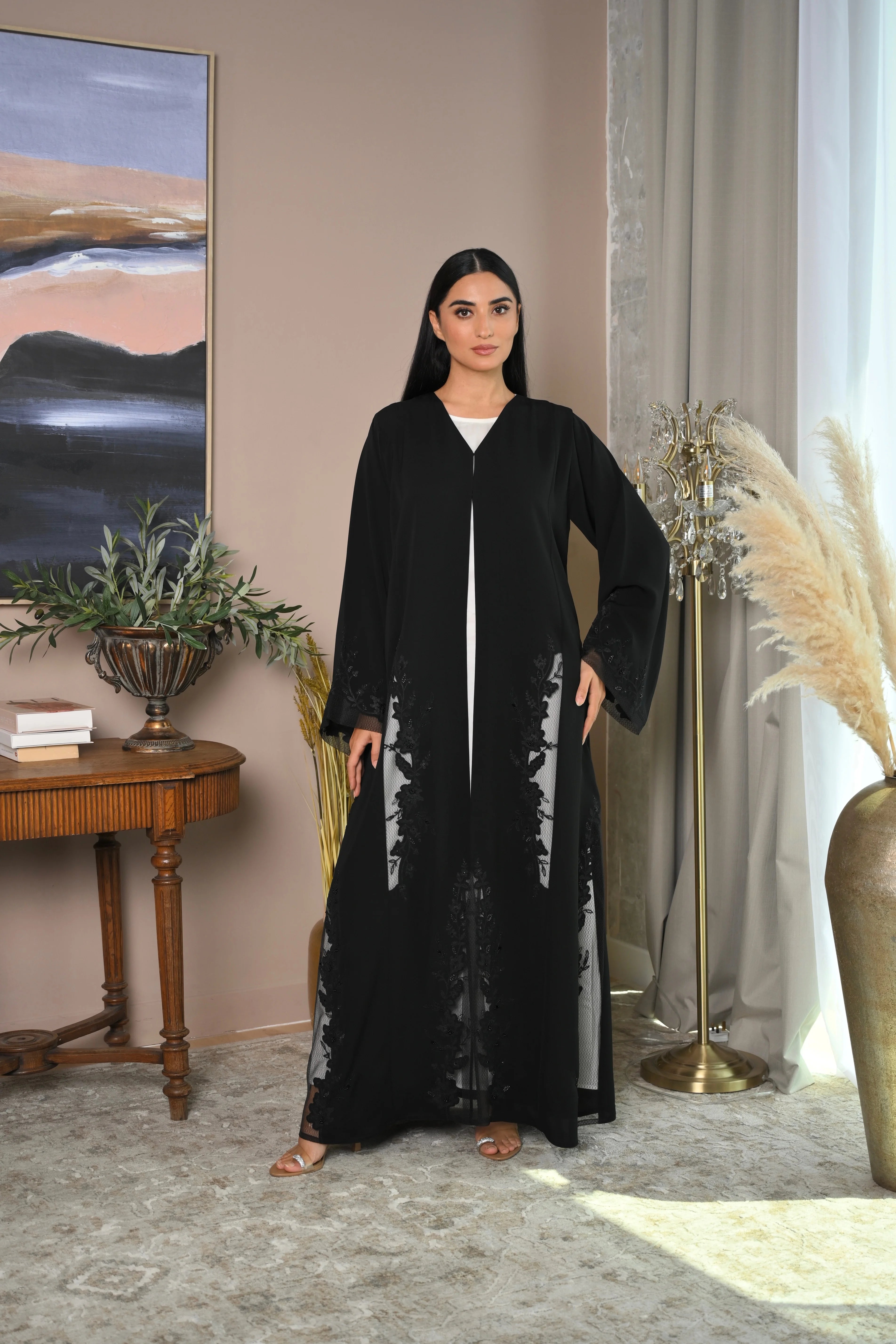 Luxury abaya with laser cut design and handwork on premium Nida fabric by Al Anood