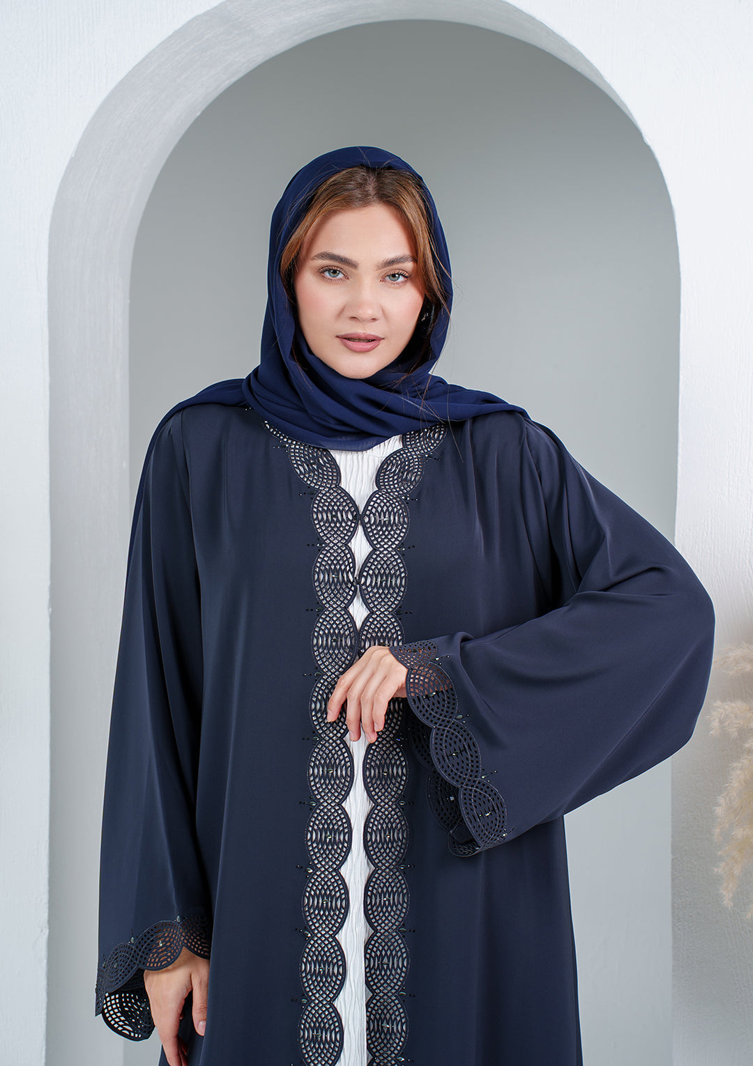 Elegant abaya with laser cut embroidery and crystal details