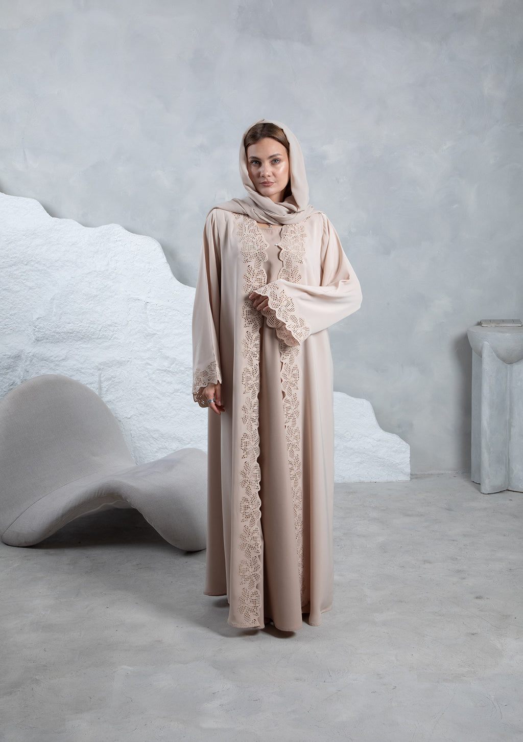 Modern modest abaya fashion in soft nude color