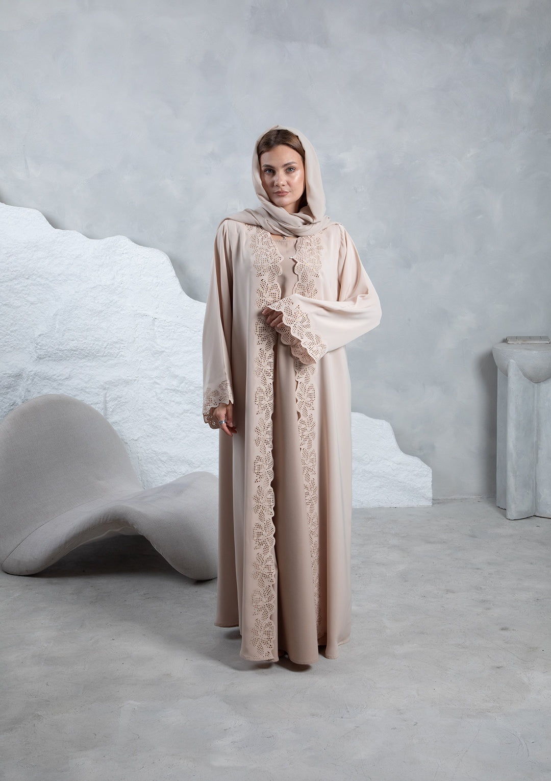 Modern modest abaya fashion in soft nude color