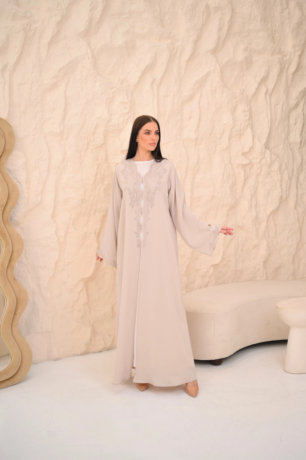 Beige abaya full length view — open front silhouette Al Anood luxury collection