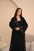 Black Nida abaya with crystal and golden handwork — Al Anood UAE