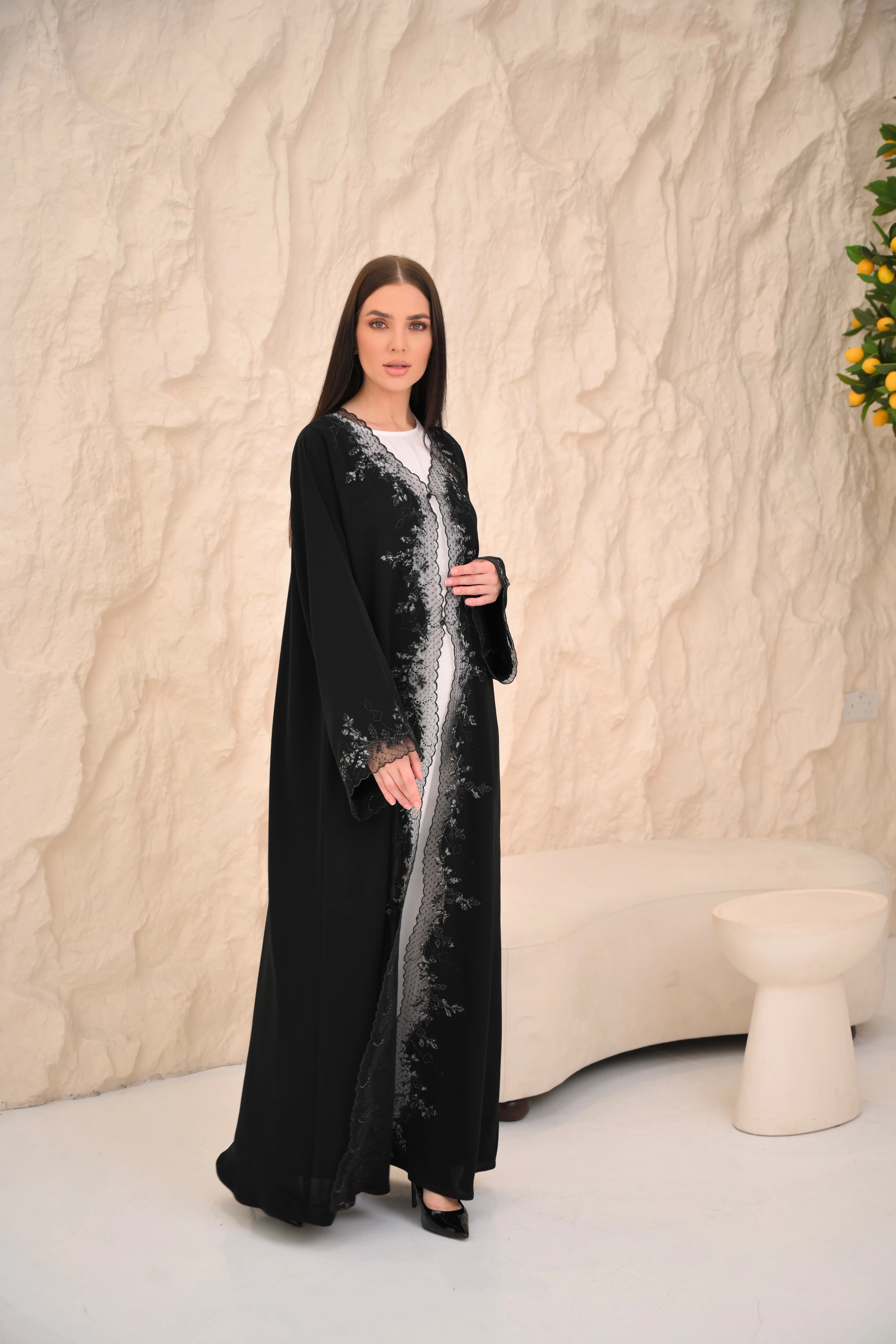 Black Nida abaya with floral hand embroidery and crystal — Al Anood UAE