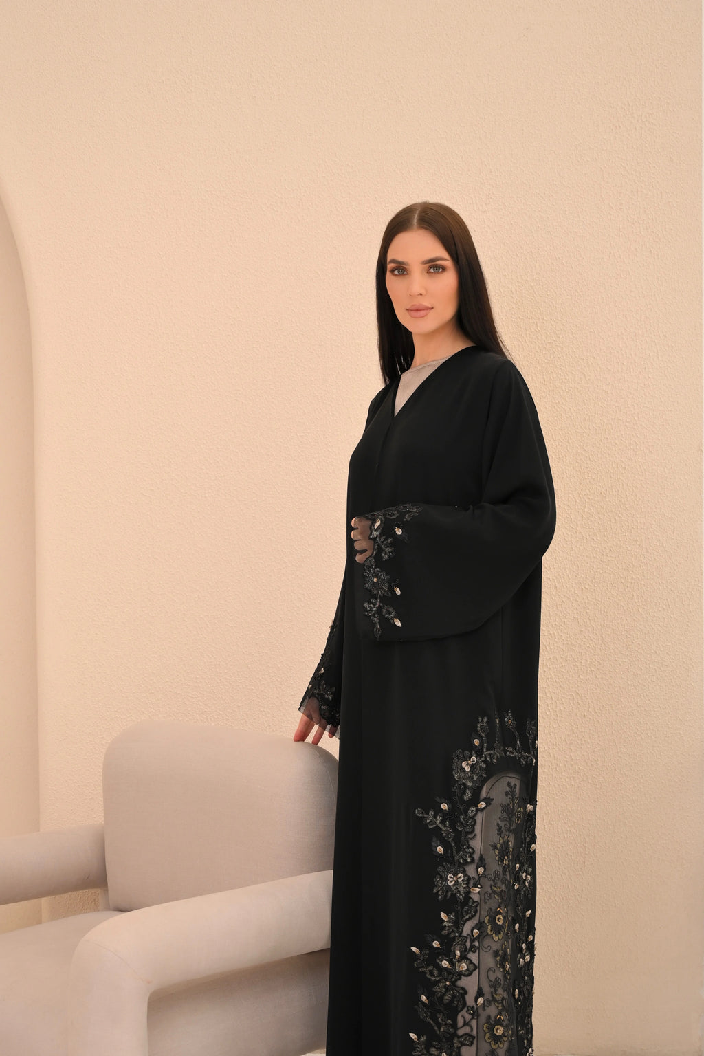 Black Nida abaya sheer floral Dori handwork — Al Anood UAE