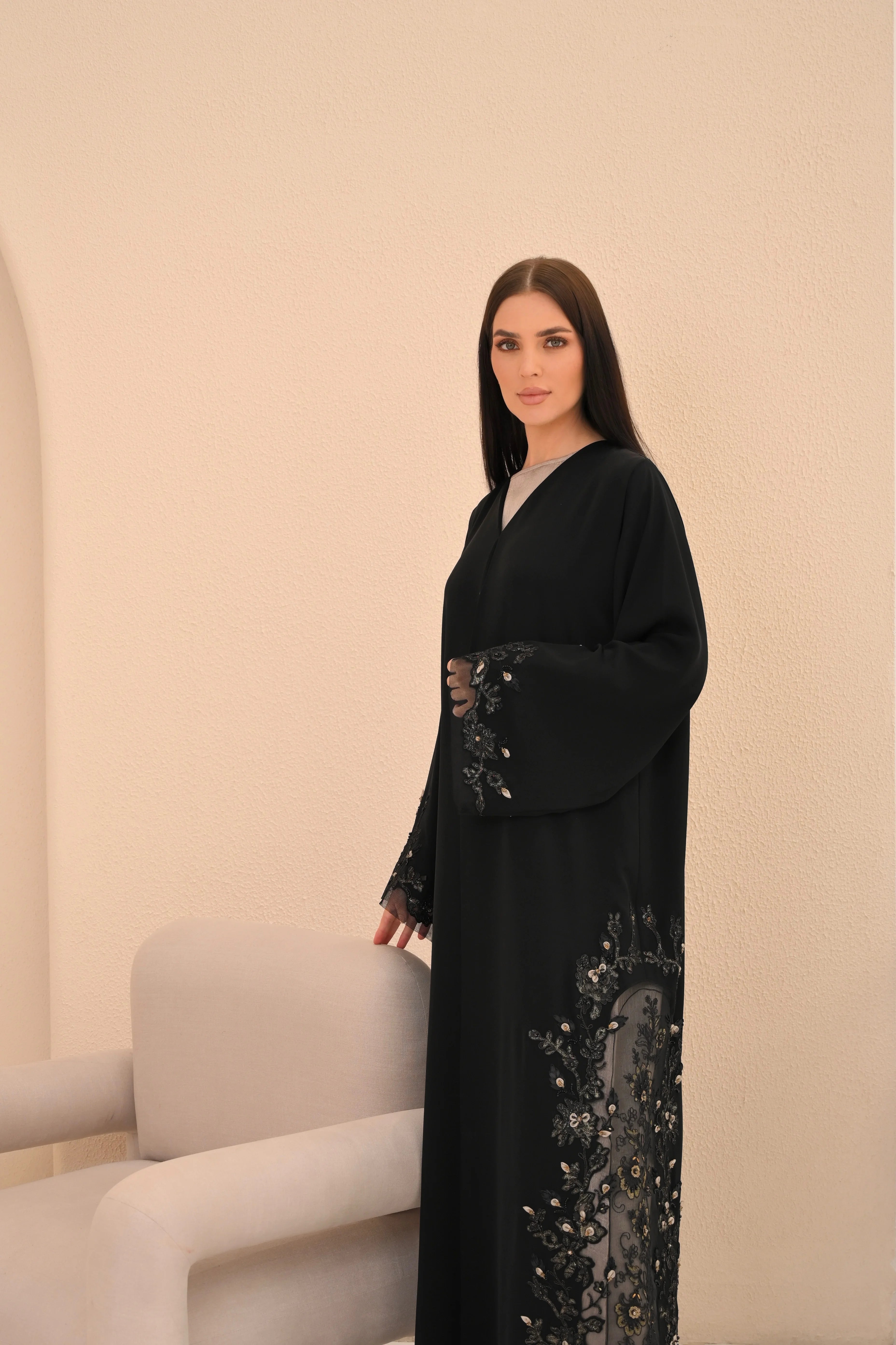 Black Nida abaya sheer floral Dori handwork — Al Anood UAE