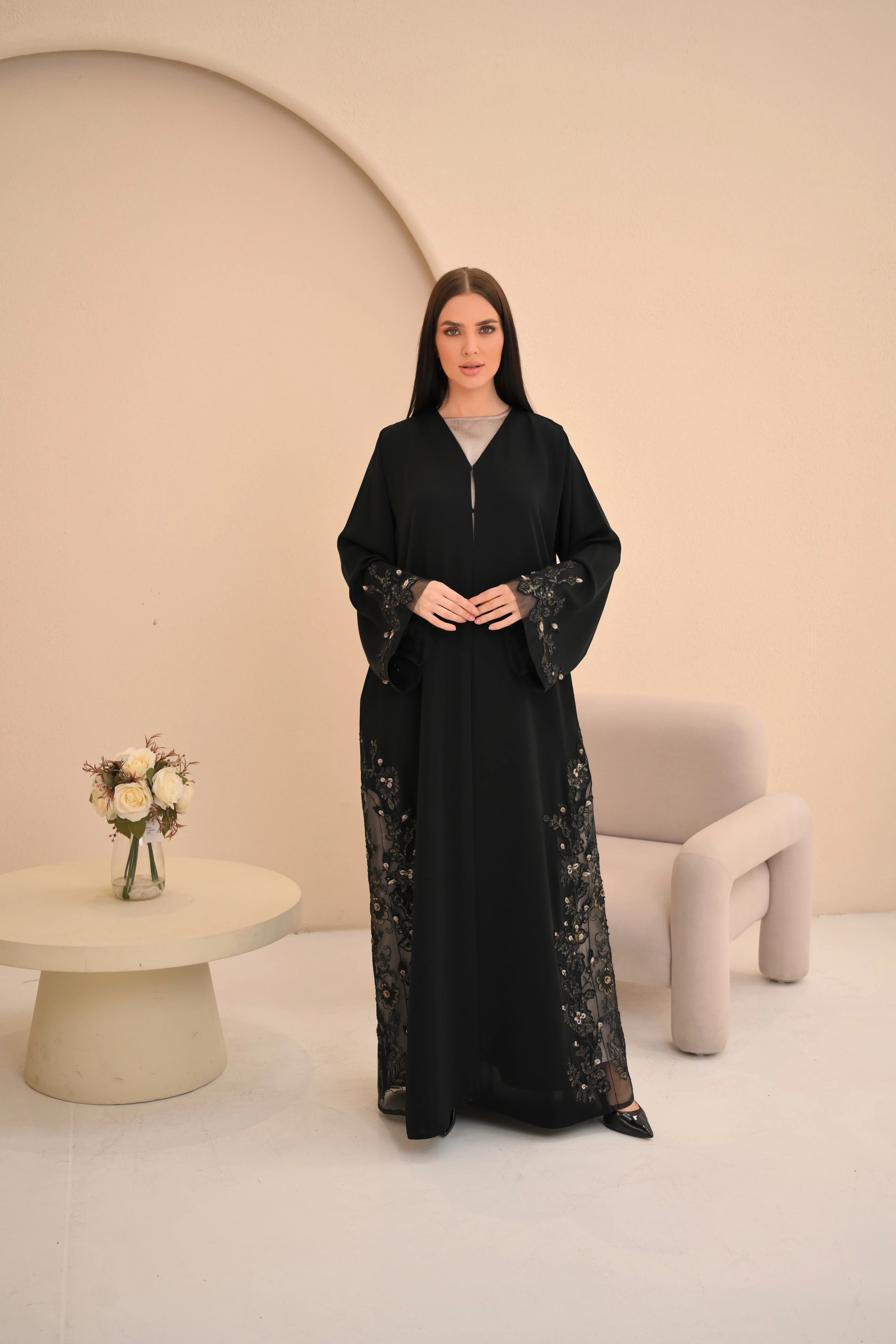 Black Nida abaya sheer floral Dori handwork — Al Anood UAE