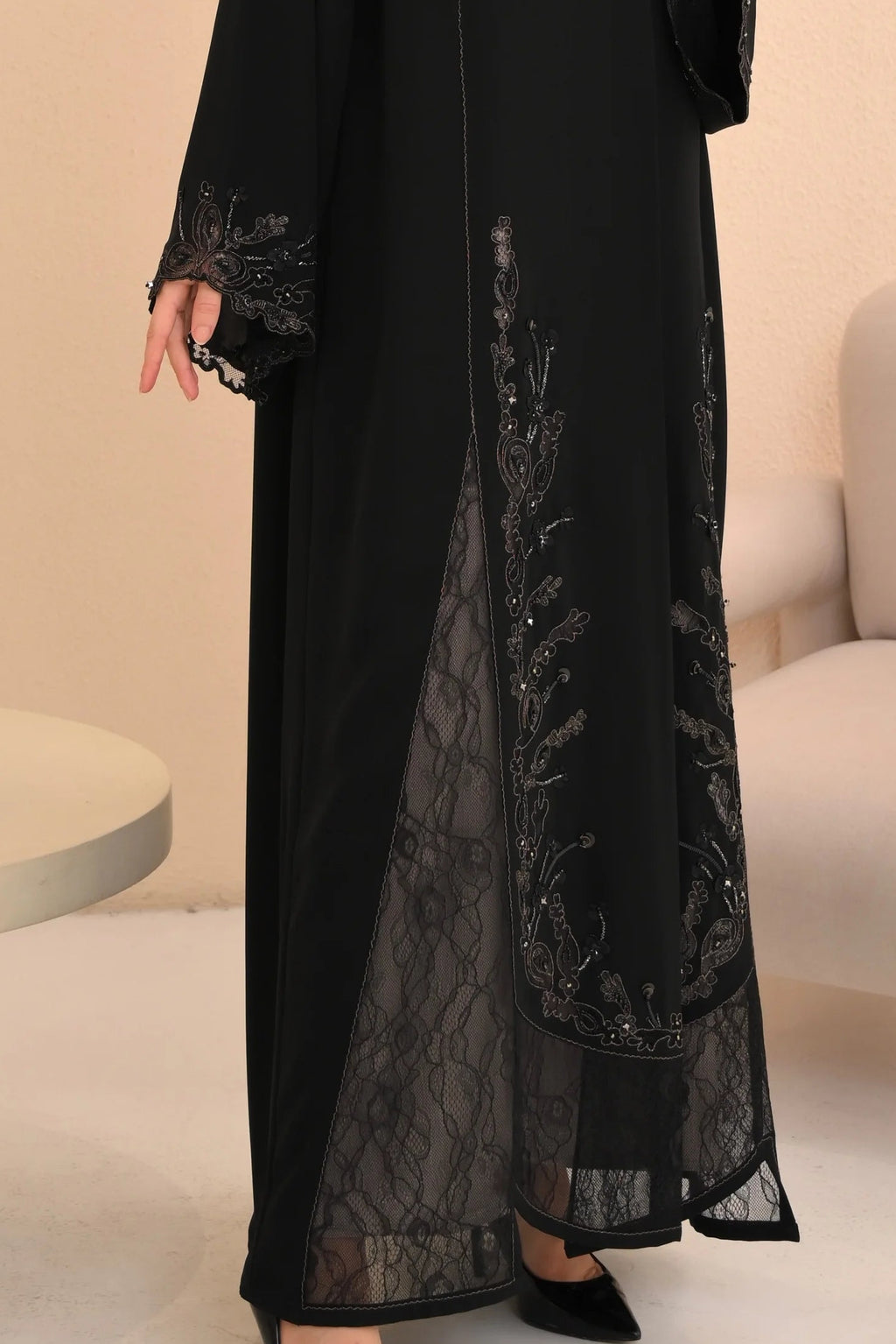 Black Nida abaya with Aari hand embroidery and laser cut — Al Anood UAE