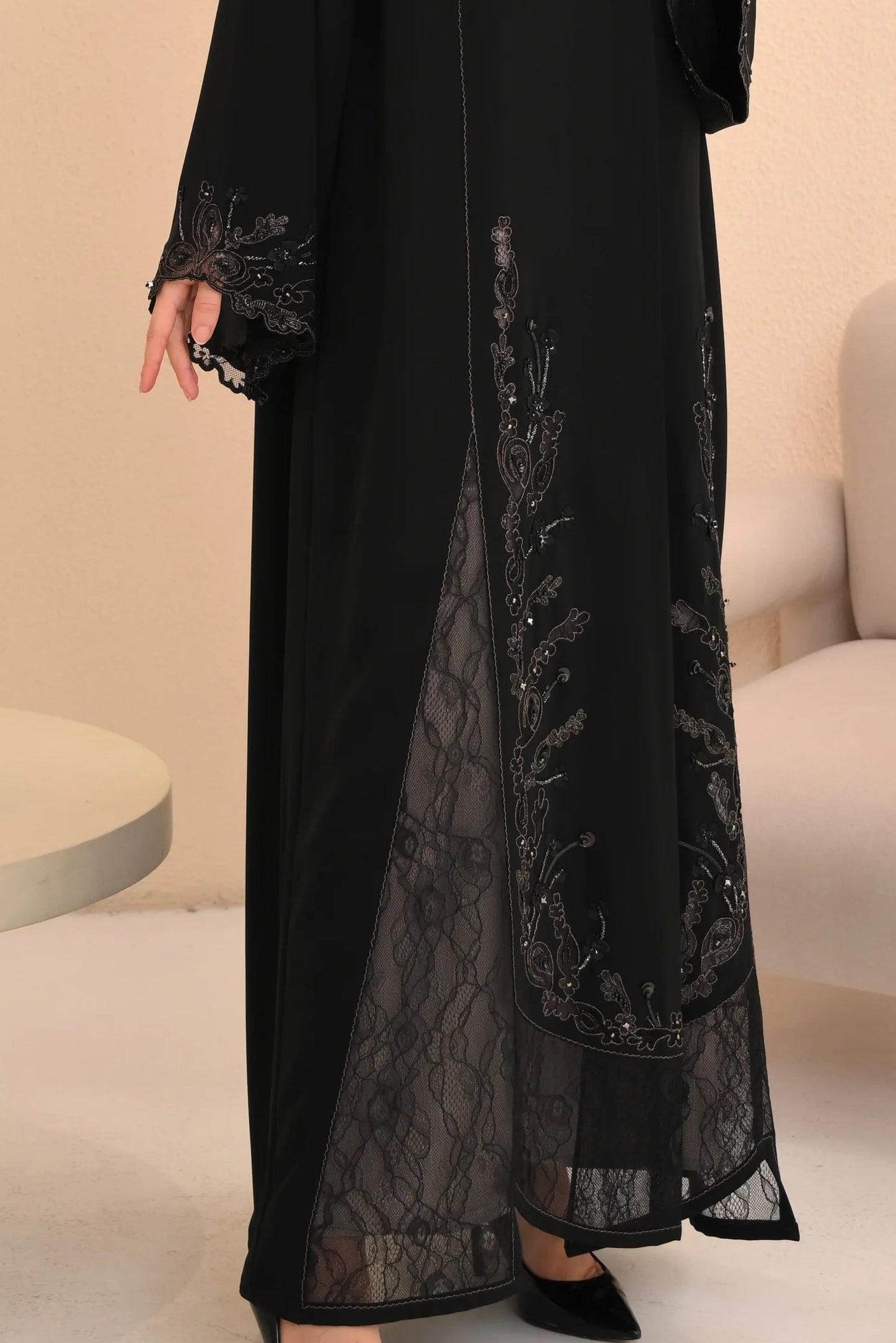 Black Nida abaya with Aari hand embroidery and laser cut — Al Anood UAE