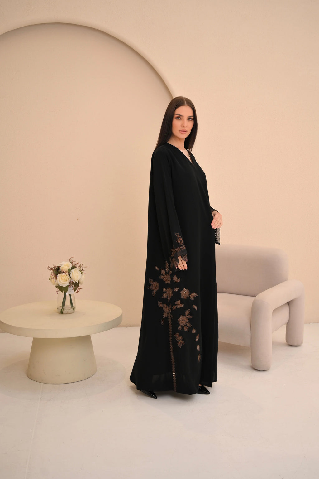 Black Nida abaya with crystal and golden handwork — Al Anood UAE