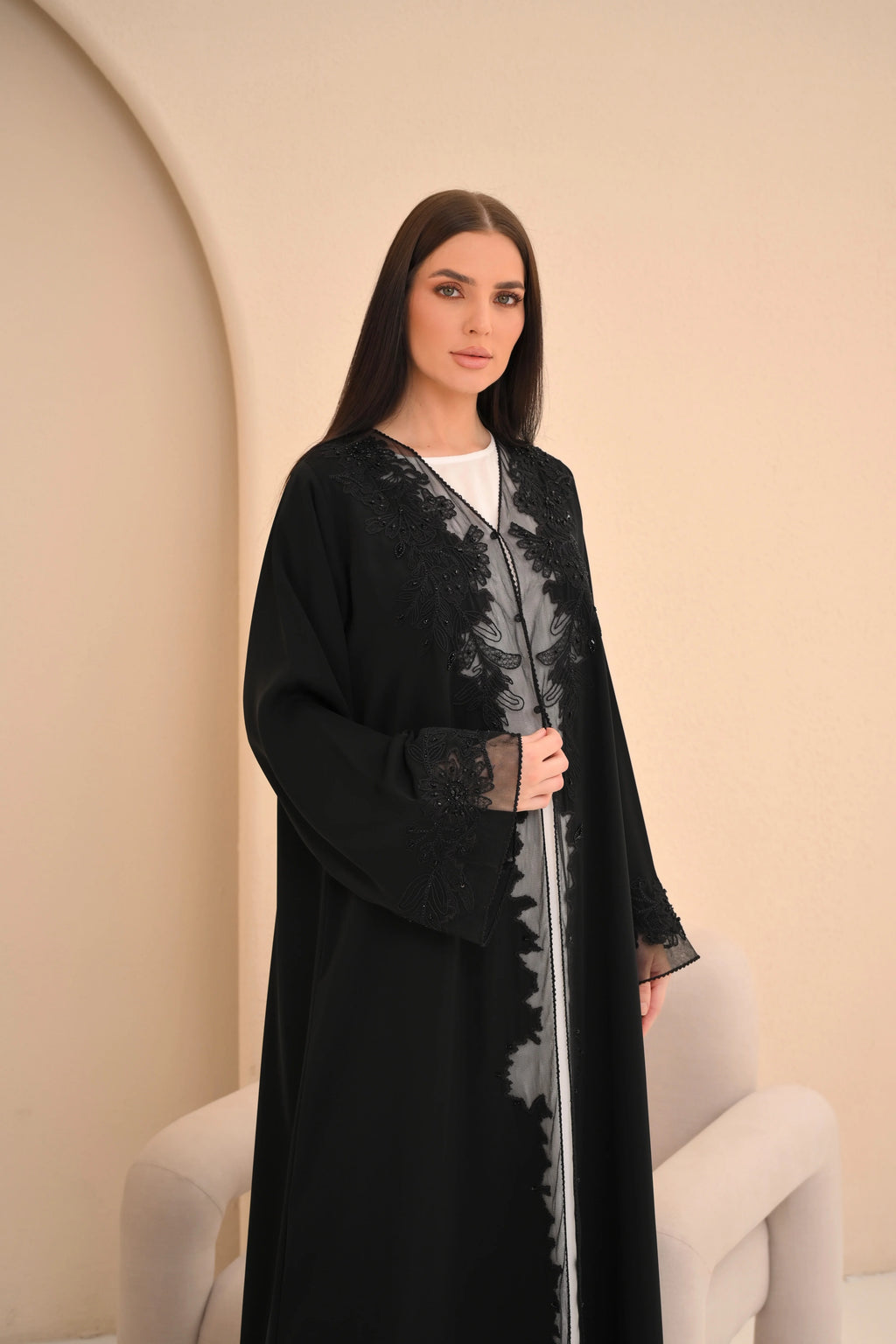 Black Nida abaya with floral embroidery and sheer panel — Al Anood UAE