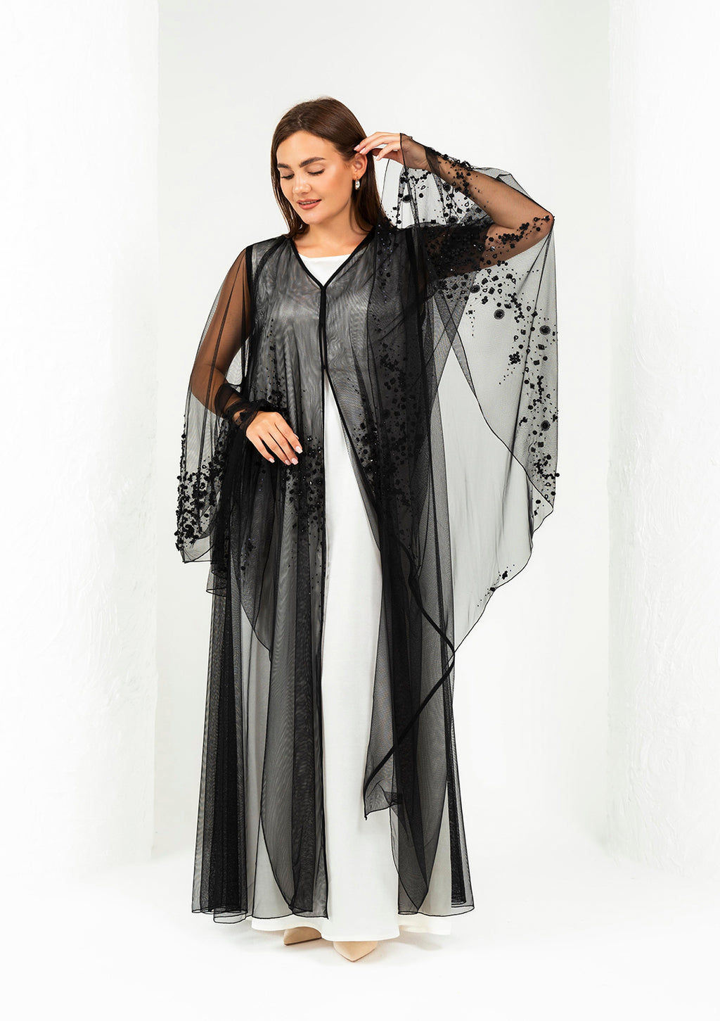 Black Sada Toor butterfly wedding abaya with floral beading and crystal — Al Anood UAE