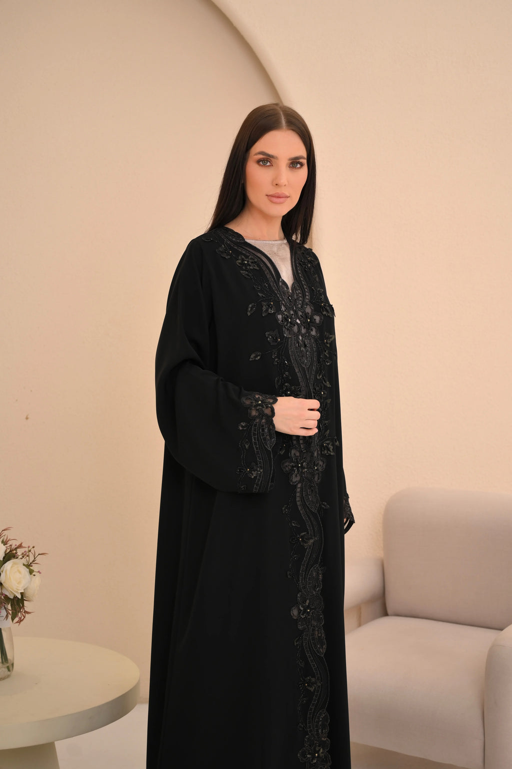 Black VIP abaya front view — full center embroidery and handwork Al Anood