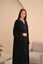 Black VIP abaya front view — full center embroidery and handwork Al Anood