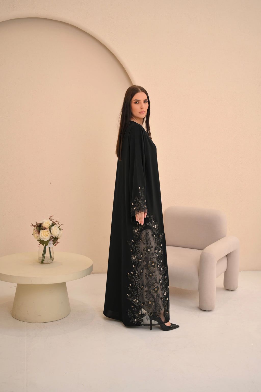 Black abaya Dori threadwork wrapping around hem — Al Anood luxury collection