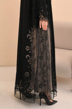 Black abaya back view — flowing sheer hem with floral computer embroidery Al Anood