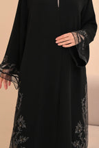 Black abaya embroidered sleeves close-up — Al Anood luxury collection