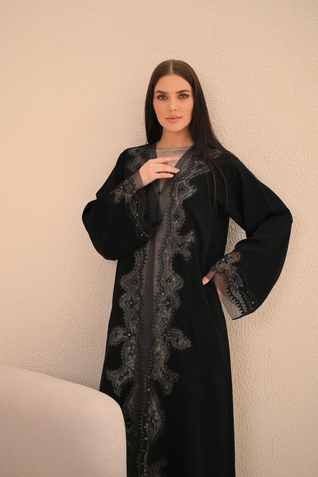 Black abaya embroidered sleeves close-up — crystal handwork detail Al Anood UAE