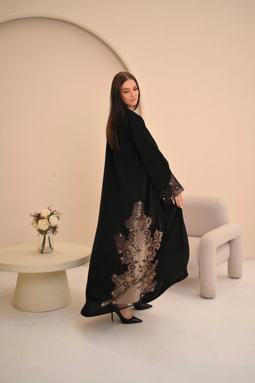 Black abaya front view — embroidered sheer side panels Al Anood UAE