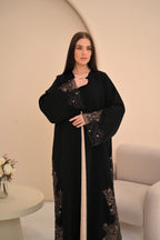Black abaya front view — brown black beige floral handwork Al Anood