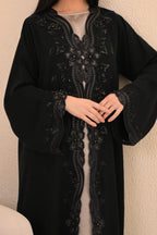 Black abaya side view — Aari handwork detail Al Anood luxury collection