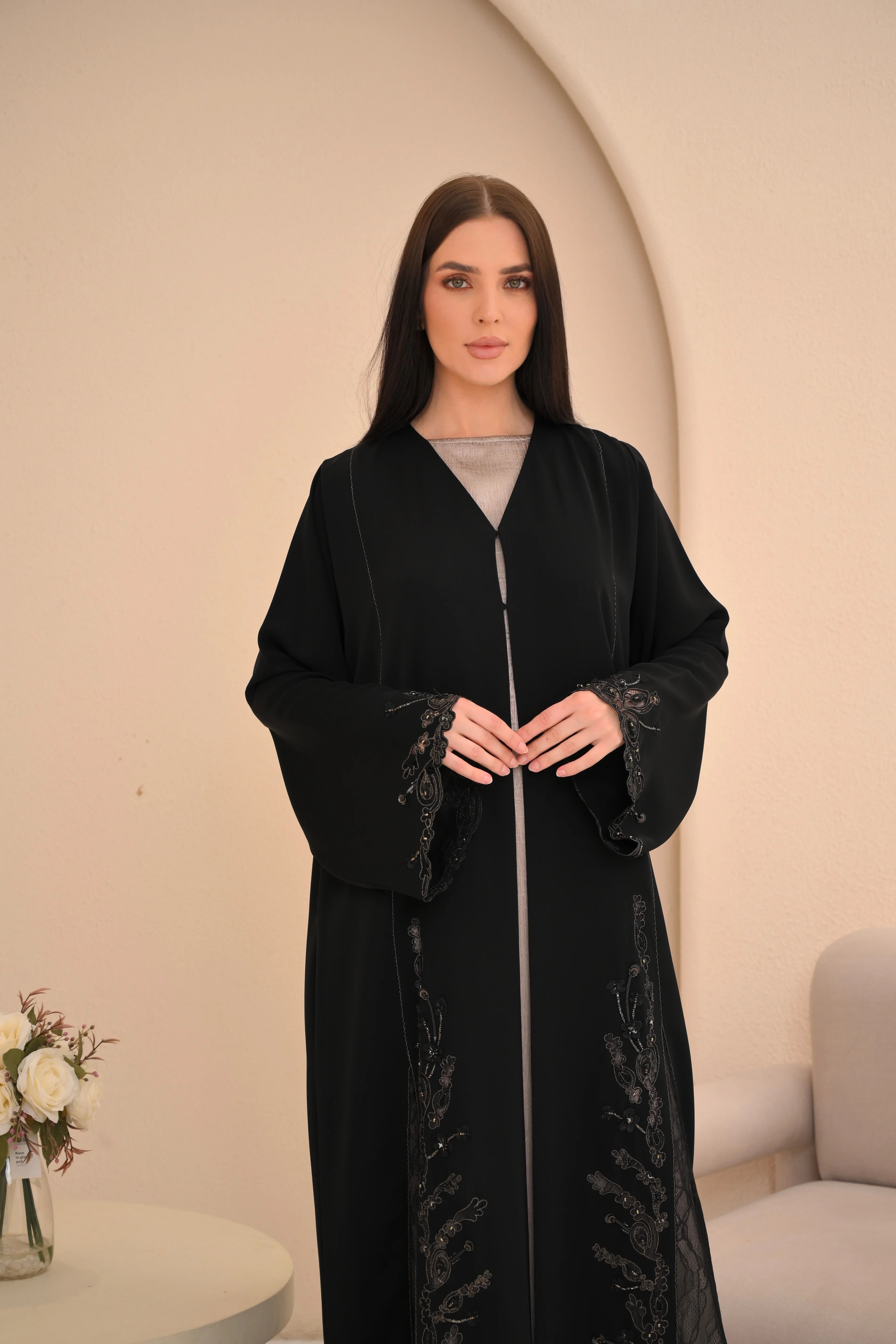 Black abaya side view — laser cut and handwork Al Anood UAE