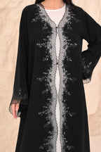 Black abaya with crystal and laser cut detailing — Al Anood UAE
