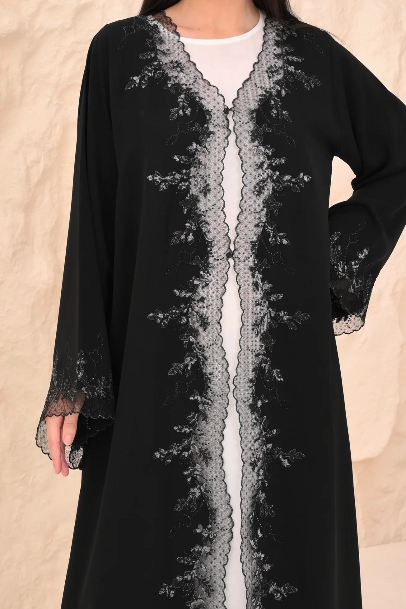 Black abaya with crystal and laser cut detailing — Al Anood UAE