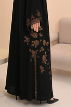Black abaya with floral handwork on sleeves — Al Anood luxury collection