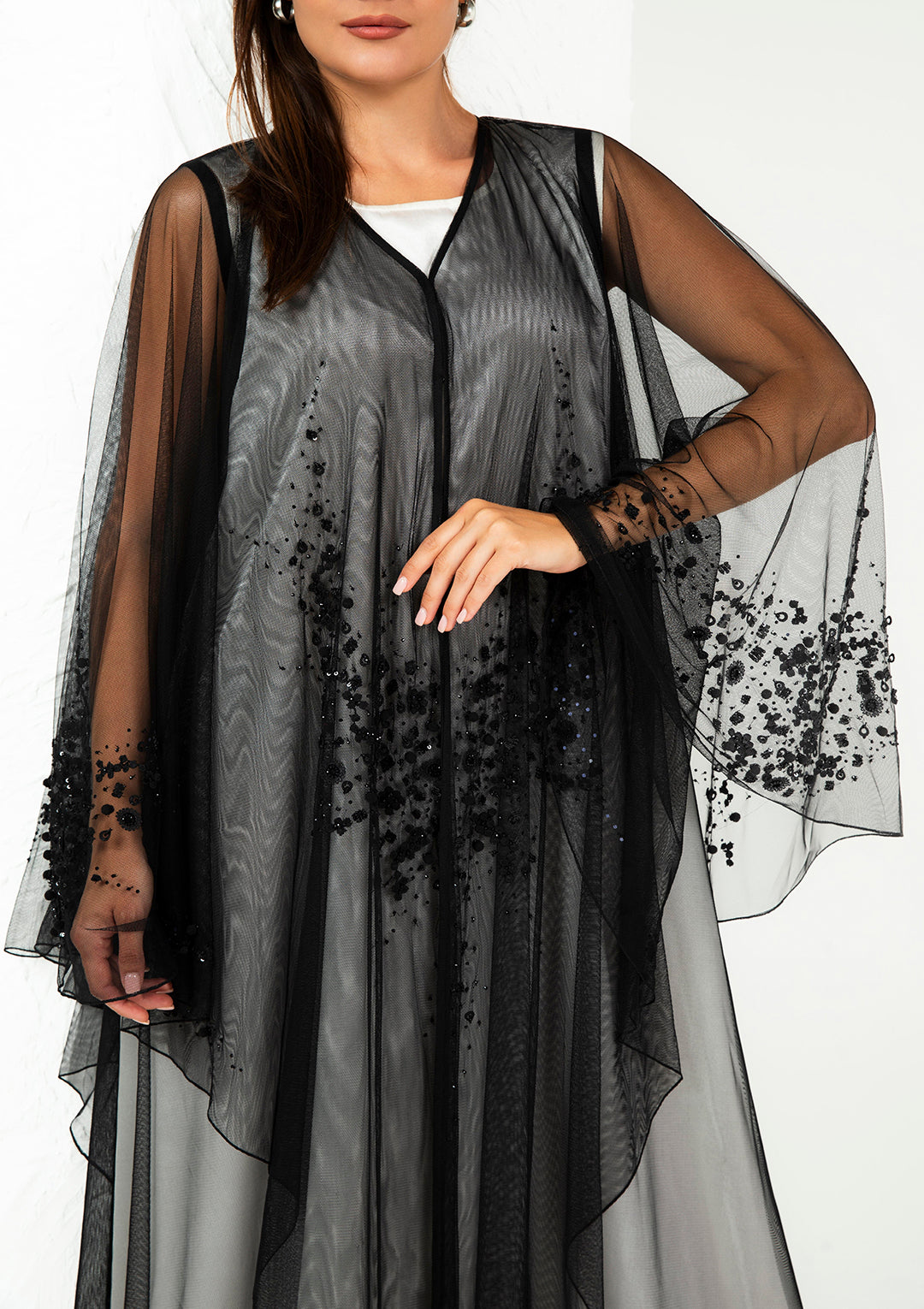 Black butterfly abaya side view — Sada Toor fabric with crystal handwork Al Anood