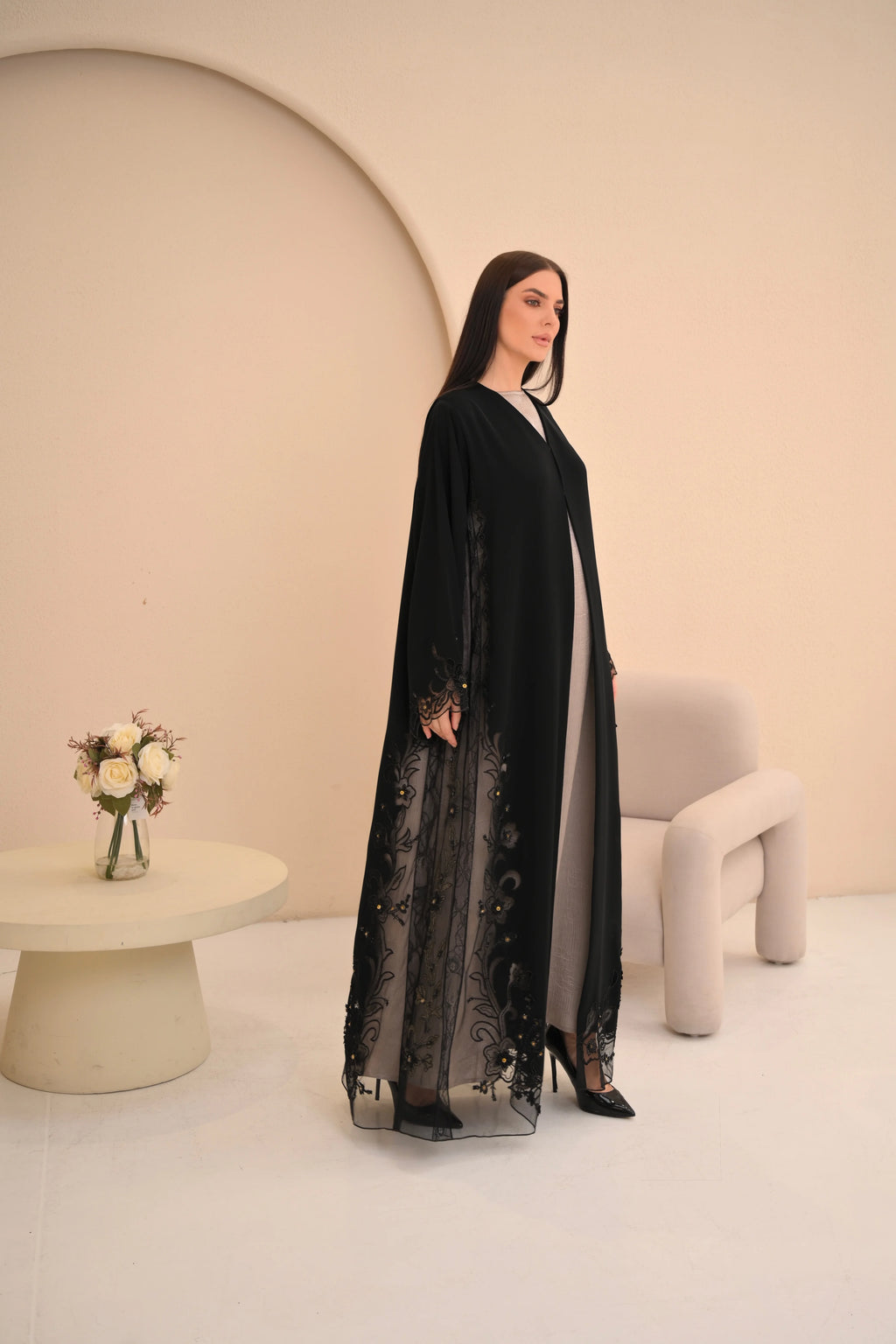 Black open-front Nida abaya with full sheer hem and computer embroidery — Al Anood UAE