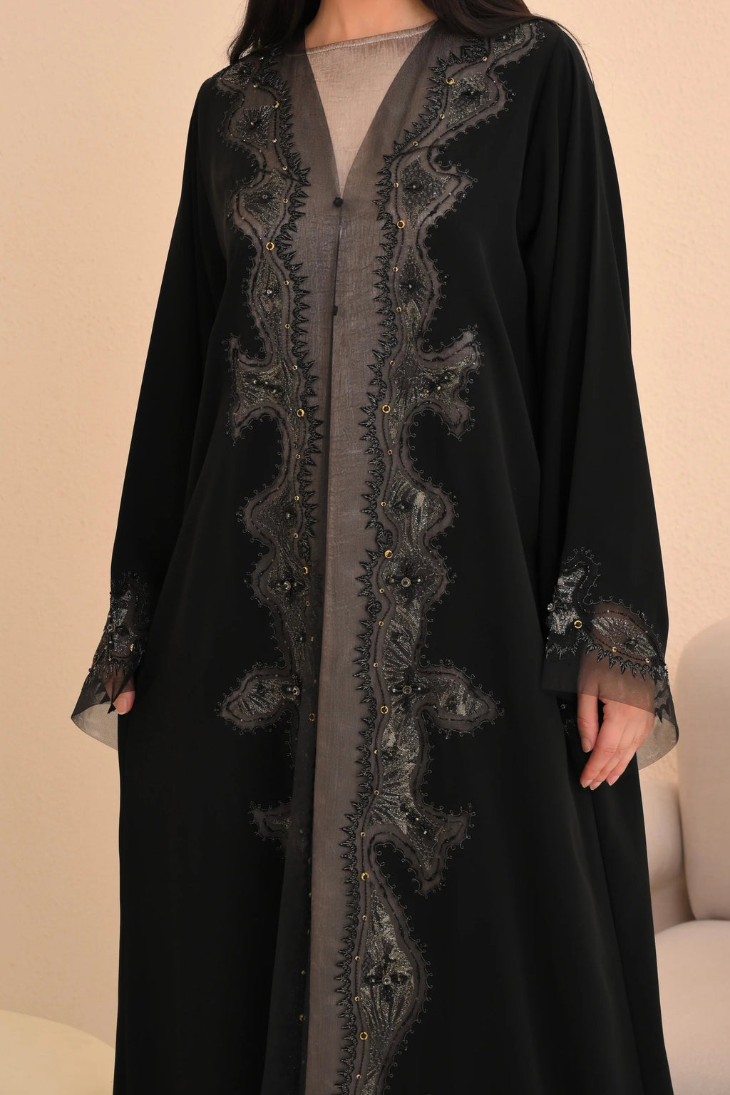 Black open Nida abaya with full-length hand embroidery on front — Al Anood UAE