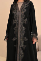 Black open Nida abaya with full-length hand embroidery on front — Al Anood UAE