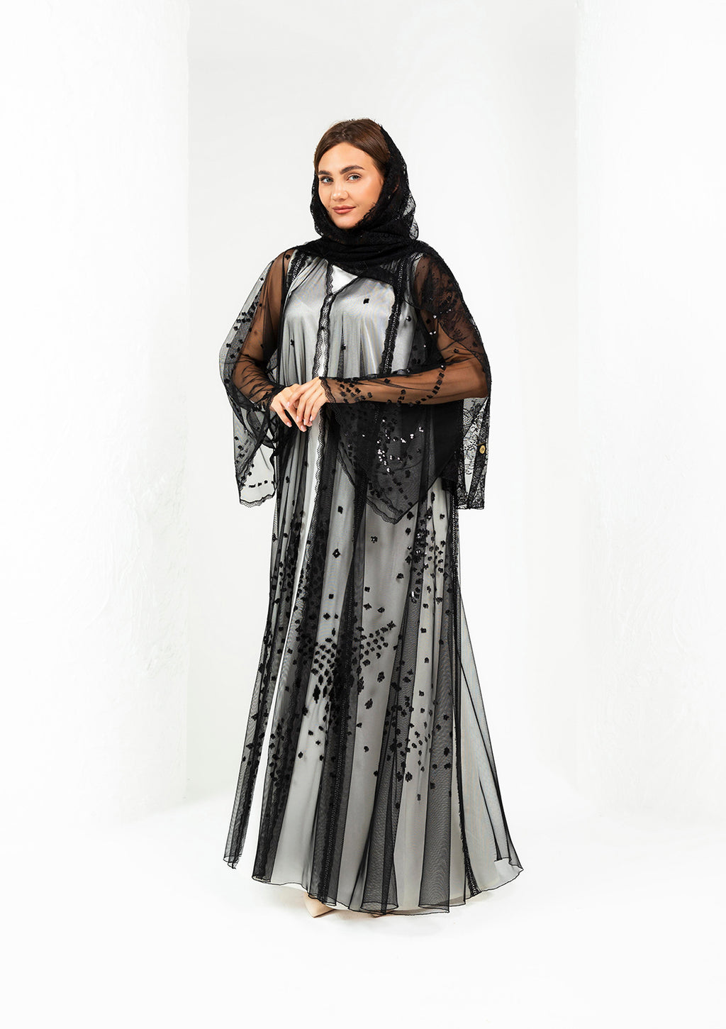 Black open bridal abaya with lace trim sleeves — Al Anood UAE new arrivals