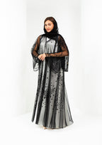 Black open bridal abaya with lace trim sleeves — Al Anood UAE new arrivals
