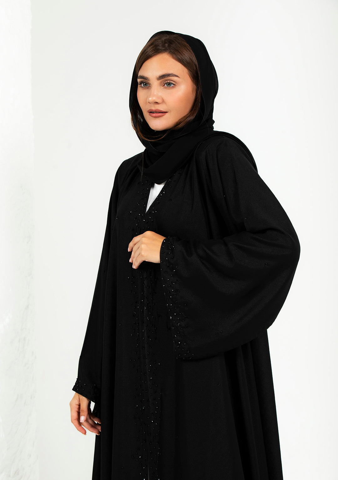 Black open wedding abaya with tonal crystal beadwork on front — Al Anood UAE