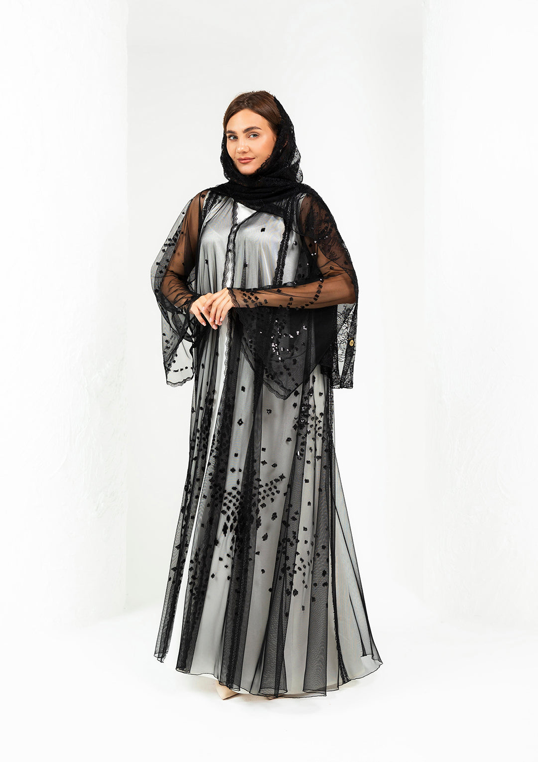 Black sheer tulle wedding abaya with dot sequin embroidery — Al Anood UAE
