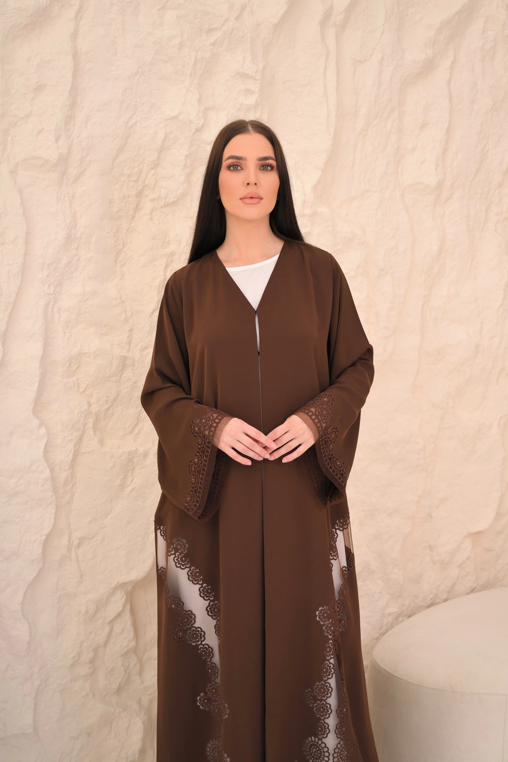 Brown Nida abaya with floral laser-cut hem panels — Al Anood UAE