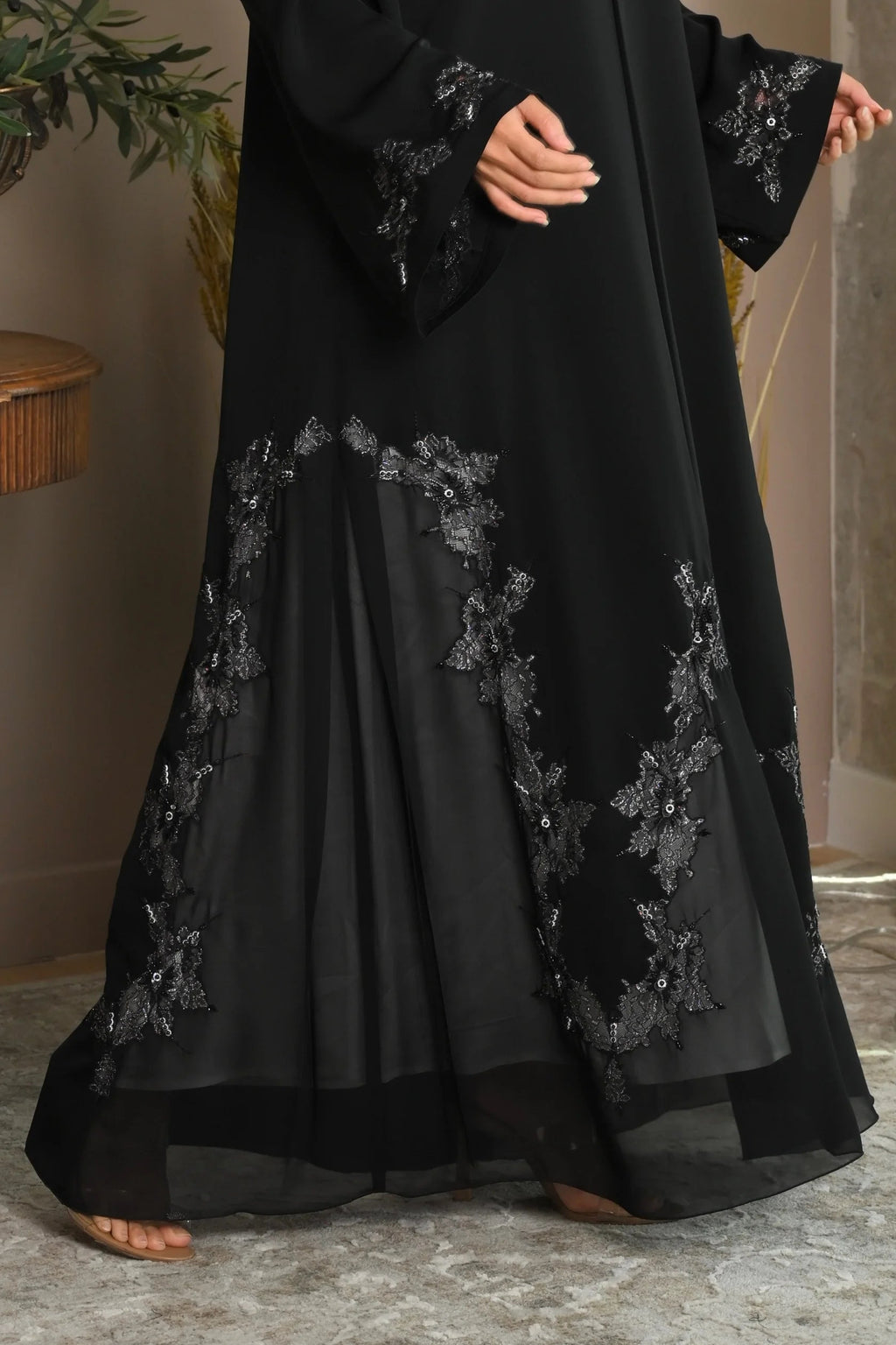 VIP abaya with hand embroidery on sleeves and sides