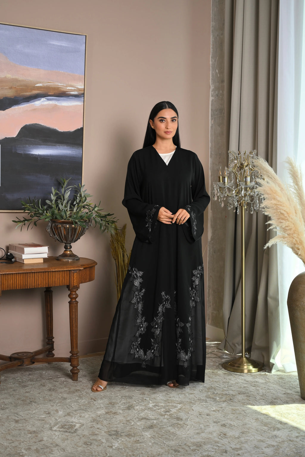 luxury nida fabric abaya with elegant handcrafted details