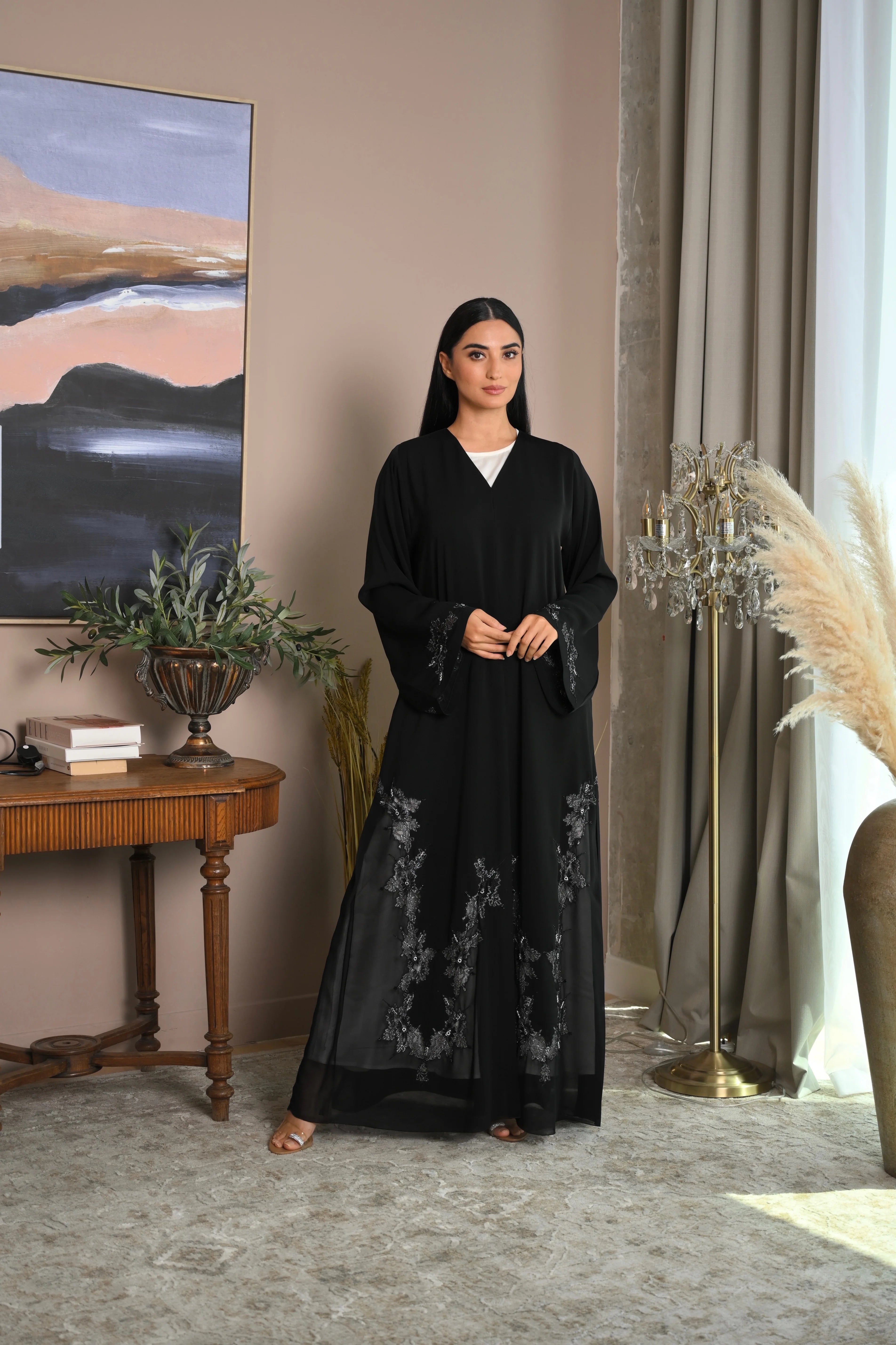 luxury nida fabric abaya with elegant handcrafted details