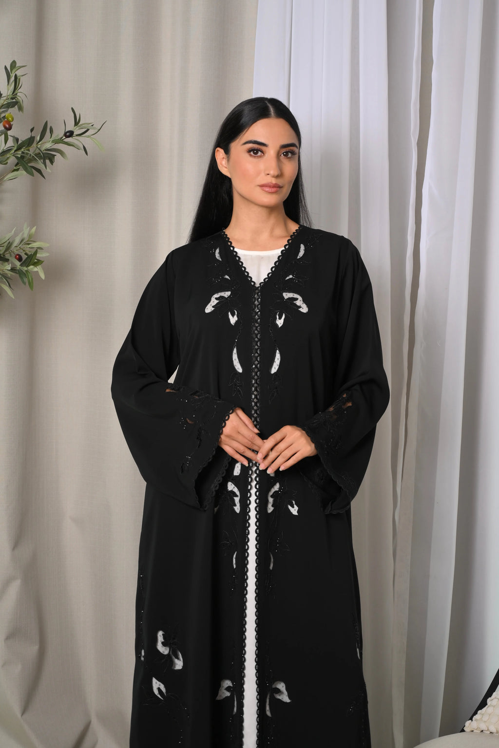 Luxury black Nida abaya with laser cut embroidery